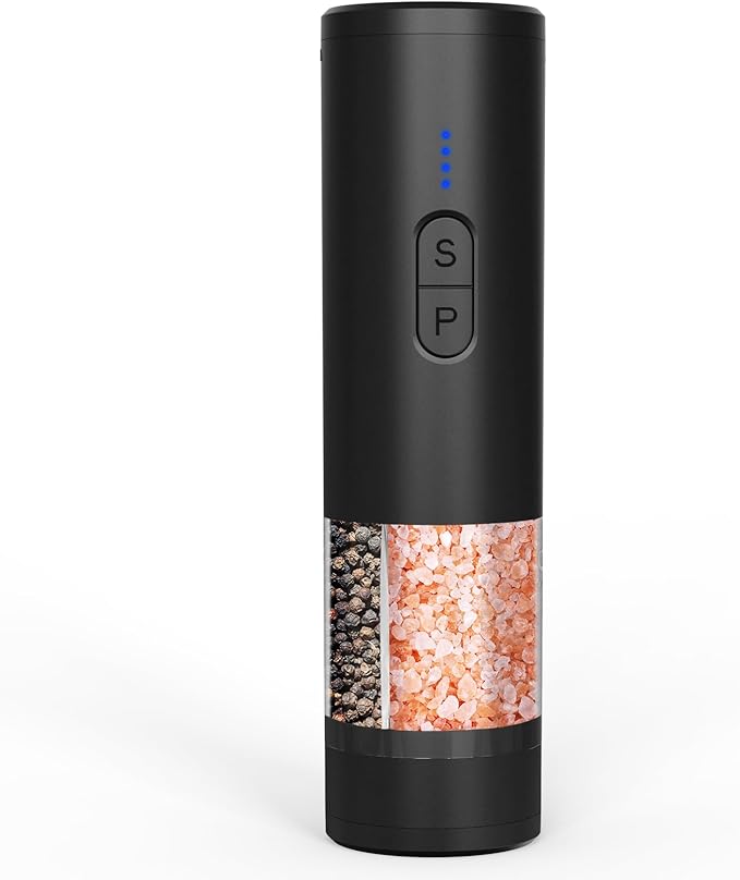 Electric Salt and Pepper Grinder Set, 2 in 1 Dual Bins USB Rechargeable Refillable Automatic Salt and Pepper Mill Shaker with LED Light, Dual Ceramic Grinder Adjustable Coarseness, House Warming Gift