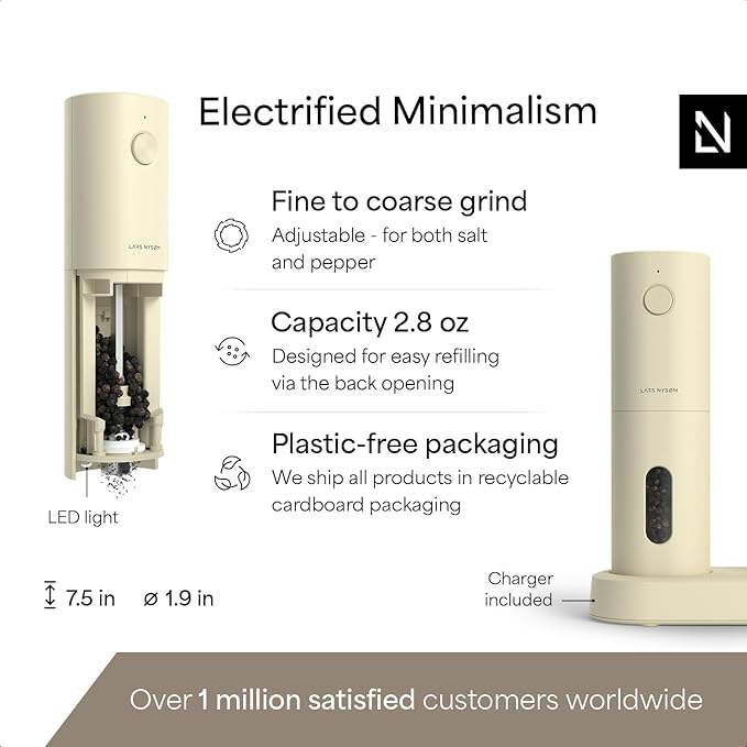 LARS NYSØM Electric Salt and Pepper Grinder Set, USB Rechargeable, Automatic Salt and Pepper Mills, Spice Shakers Refillable with LED Light, Adjustable Coarseness, Ceramic Grinder (Butter Cream)