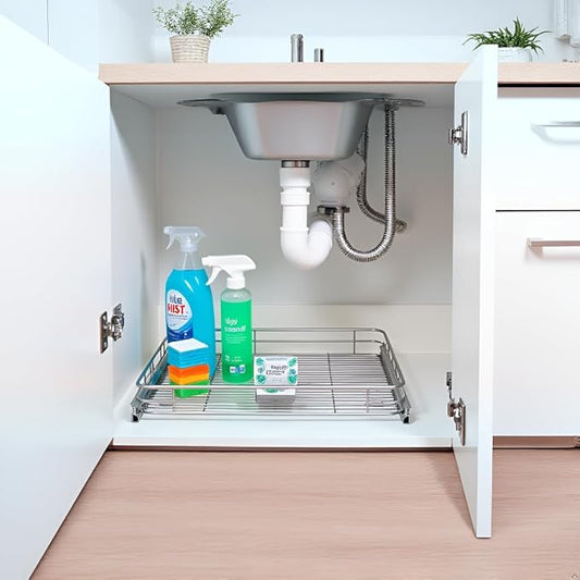 Sliding Cabinet Organizer Pull Out Shelves (11" W x 21" D), Heavy-Duty Slide Out Shelf, Steel Metal Cabinet Roll Out Shelves for Kitchen Bathroom, Chrome