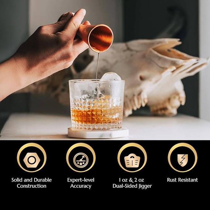 Double Japanese Jigger by Bull In China - 0.25oz to 2oz Measures for Cocktails, Bars & Bartenders (Gold)