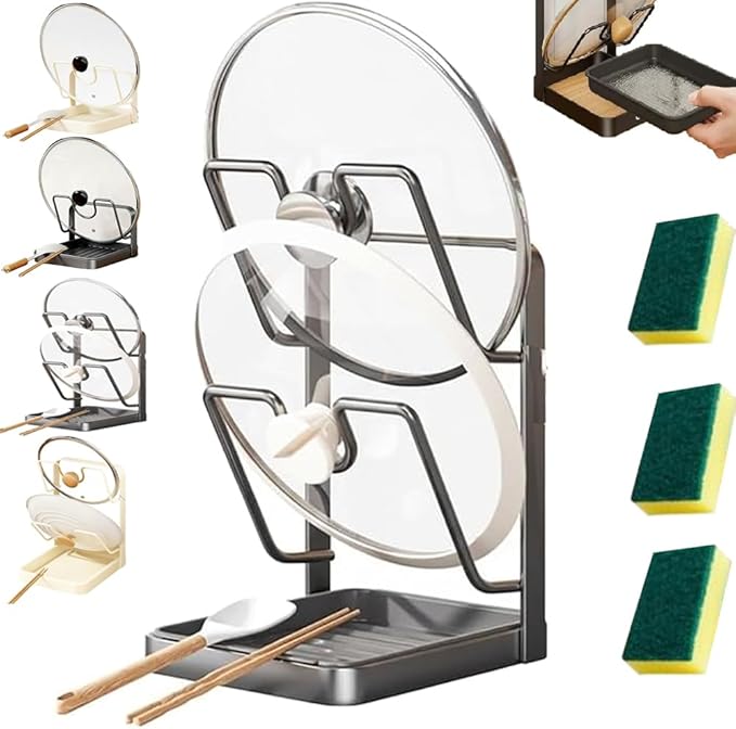 Kitchen Pot Lid Storage Rack - Pot Lid Organizer Rack,Pot Lid Holder While Cooking,Spoon Rest with Lid Holder&Drip Tray,Multifunctional Kitchen Organizer Stand for Stove Top (Black, Double)