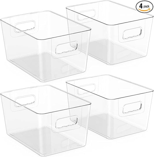 BALEINE Clear Plastic Storage Bins, Pantry Organization, BPA Free Stackable Refrigerator Organizers and Storage with Handles for Kitchen Fridge Cabinet Bathroom (4PK, 9.5x5.5x4.5)