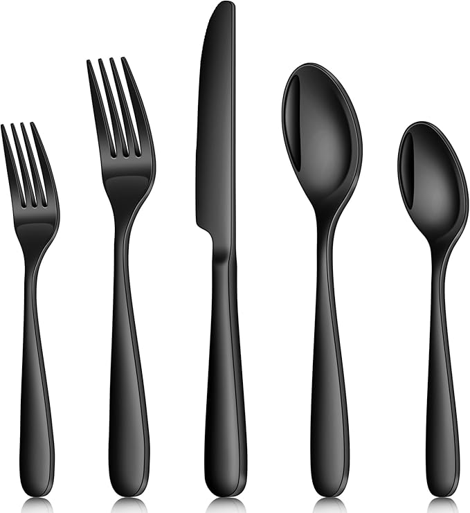 30 Pieces Black Silverware Set for 6, Heavy Duty Black Stainless Steel Flatware Set Include Knives Forks Spoons Set Premium Modern Utensil Mirror Polished, dishwasher Safe