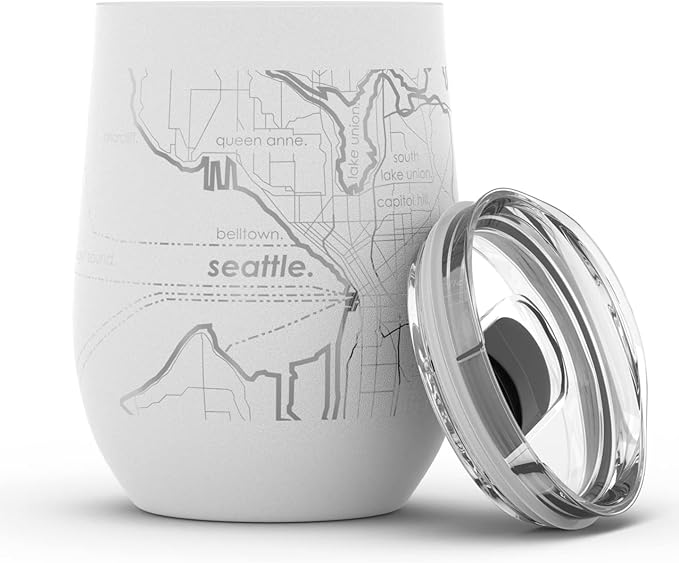 Well Told Engraved Seattle Washington Map Insulated Wine Tumbler, Etched Stainless Steel Wine Tumbler (12 oz, White) City Map Insulated Tumbler, Custom Insulated Tumbler, Outdoor Drinkware