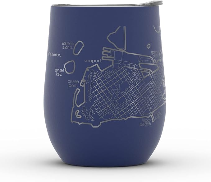 Well Told Engraved Key West Florida Map Insulated Wine Tumbler, Etched Stainless Steel Cup (12 oz, Midnight Blue) City Map Insulated Tumbler, Custom Insulated Tumbler, Outdoor Drinkware