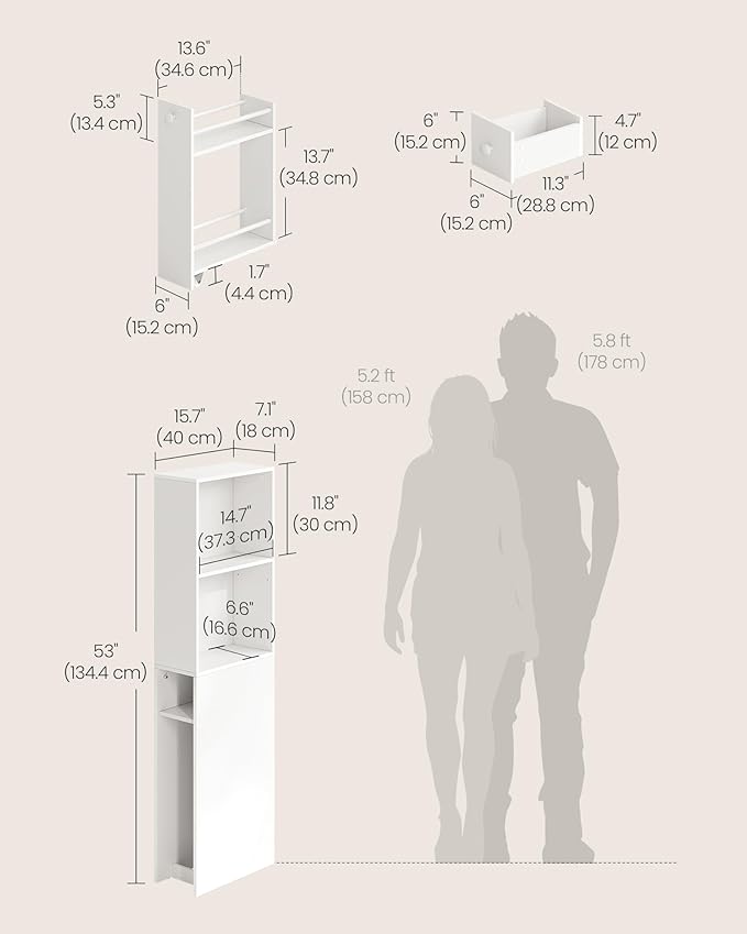 VASAGLE Slim Storage Cabinet, Narrow Freestanding Cabinet with Drawers and Adjustable Shelf, Modern Linen Tower for Living Room Bathroom Bedroom, White UBBK567T14