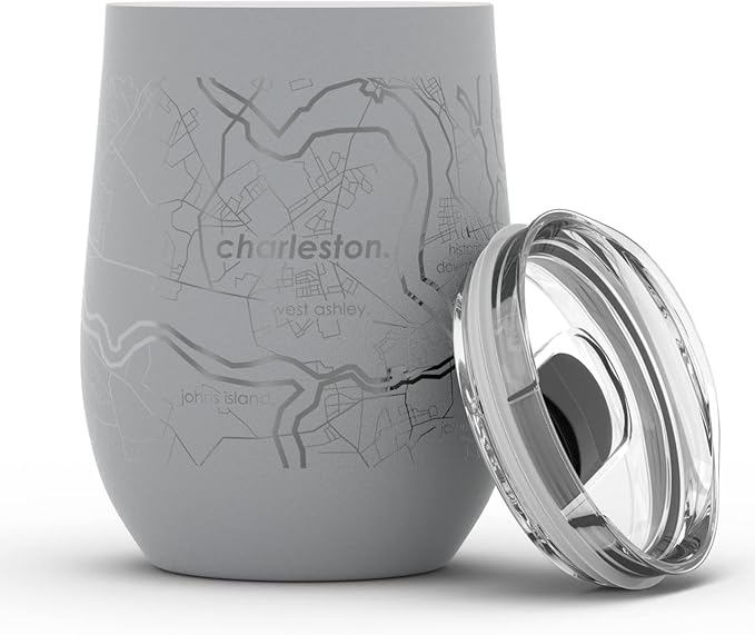 Well Told Engraved Charleston South Carolina Map Insulated Wine Tumbler, Etched Stainless Steel Cup (12 oz, Dockside Gray) City Map Insulated Tumbler, Custom Insulated Tumbler, Outdoor Drinkware