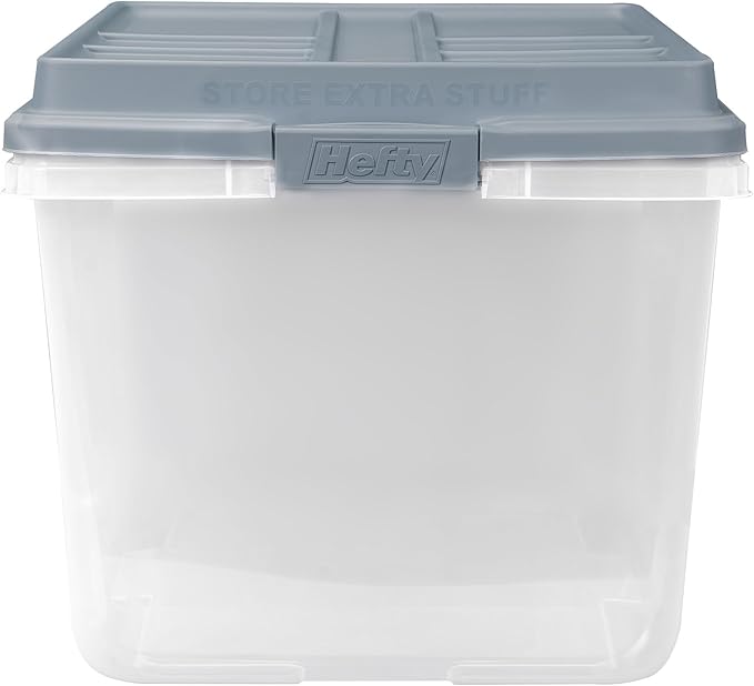 Hefty 72 Quart Hi-Rise Storage Bin with Lid, Stackable Plastic Container Tote for Home, Office, and Classroom Organization, 6 Pack, Smoke Blue