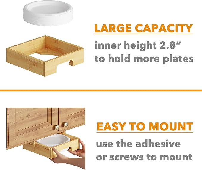 SpaceAid 9-inch Paper Plate Dispenser, Under Cabinet Bamboo Plates Holder, Kitchen Counter Vertical Dipensers Holders Countertop Caddy, Bamboo