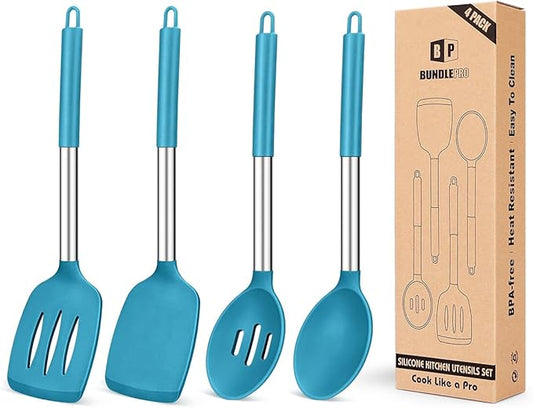 Pack of 4 Silicone Cooking Utensils Set, Non Stick Large Solid Spatulas, Heat Resistant Blue Slotted Spoons, Ideal BPA Free Kitchen Turners for Frying, Mixing,Serving,Draining,Turning,Stirring