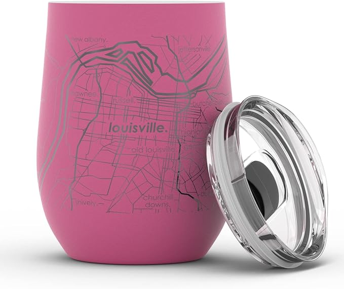 Well Told Engraved Louisville Kentucky Map Insulated Wine Tumbler, Etched Stainless Steel Cup (12 oz, Sunset Pink) City Map Insulated Tumbler, Custom Insulated Tumbler, Outdoor Drinkware