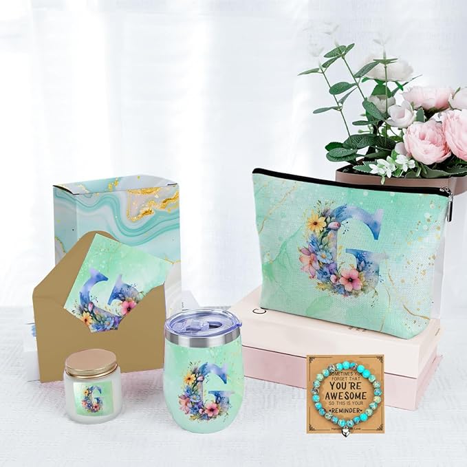 Personalized Gifts Monogrammed Birthday Gifts for Women, Her Employee Housewarming Christmas Initial Wine Tumbler Makeup Bag Scented Candle Bracelet Set, (Aesthetic Green Flower G)