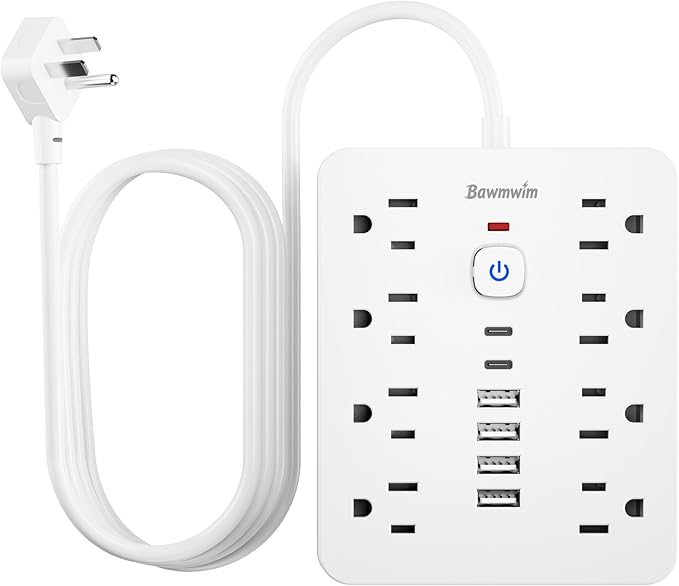 Surge Protector Power Strip - 8 Outlets(1250W/10A) 4 USB A（2 USB C, 6FT Flat Plug Extension Cord, Wall Mount Multi Plug Outlet Extender, ETL Listed for Home, Dorm Room