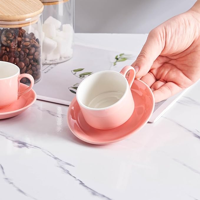 YOLIFE 2.5oz Porcelain Stackable Espresso Cups with Saucers and Metal Stand Set of 4, Stackable Cappuccino Cups, Pink Expresso Shots Cup Set for Coffee Drinks, Latte, Tea