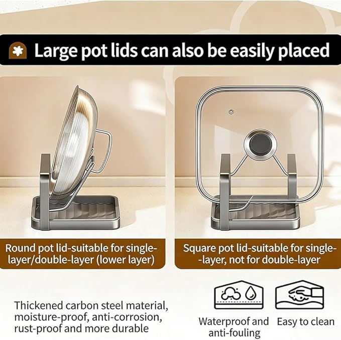 Kitchen Pot Lid Storage Rack, New Multifunctional Stainless Steel Pot and Pan Organizer with Removable Drip Tray, Lid Holder While Cooking, Lid And Spoon Rest (Gray Single)