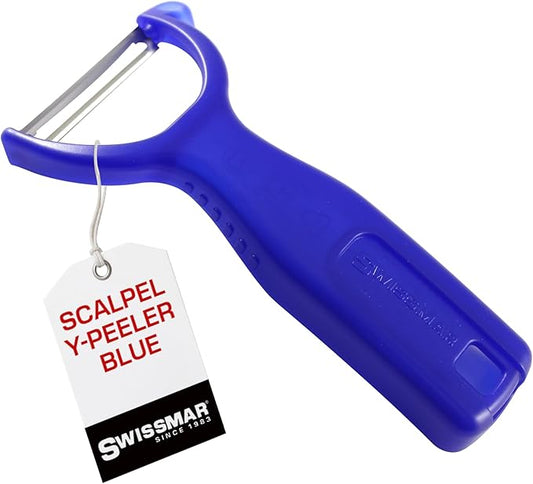 Swissmar Y Peeler with Stainless Steel Scalpel Blade - Perfect for Potato, Vegetable, Fruit, Carrot, Apple, Mango Peeler for Kitchen - Plastic Blade Protector Included - Blue