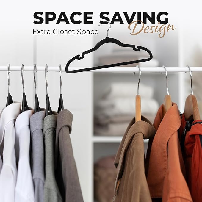 50 Pack Velvet Hanger for Shirt Pants Dresses Skirts Suits Jackets - Slim Space Saving Design - Standard Coat Hanger - Sturdy & Durable Design with Shoulder Grooves Hook - Black