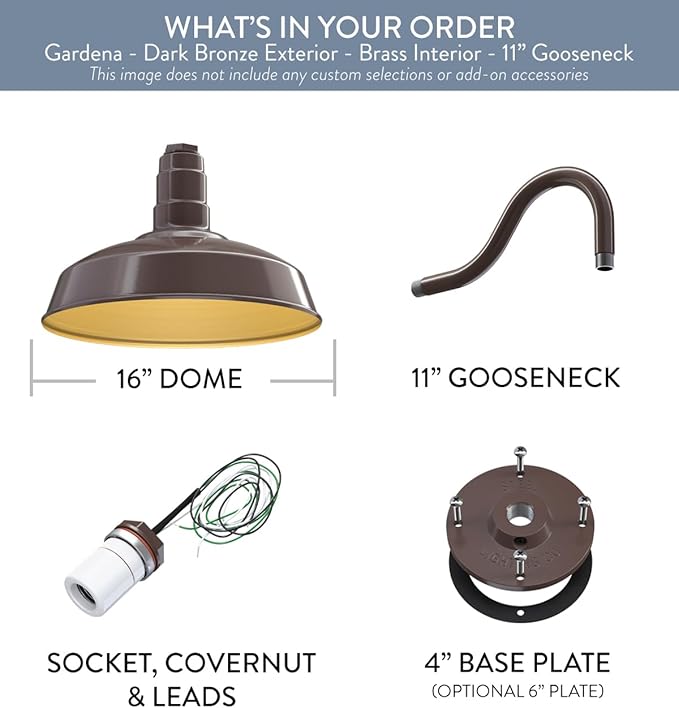 Steel Lighting Co. | Dusk to Dawn | Gardena Barn Light | Outdoor Wall Mounted | 16" Dome | 11" Gooseneck | Farmhouse Light Made in America | Dark Bronze/Brass