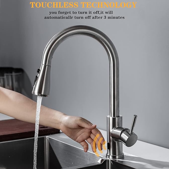 Touchless Kitchen Faucet with Pull Down Sprayer Brushed Nickel Kitchen Faucets Infrared Sensor Kitchen Faucet Touchless Kitchen Sink Faucets Stainless Steel Single Handle Motion Sensor Kitchen Faucets