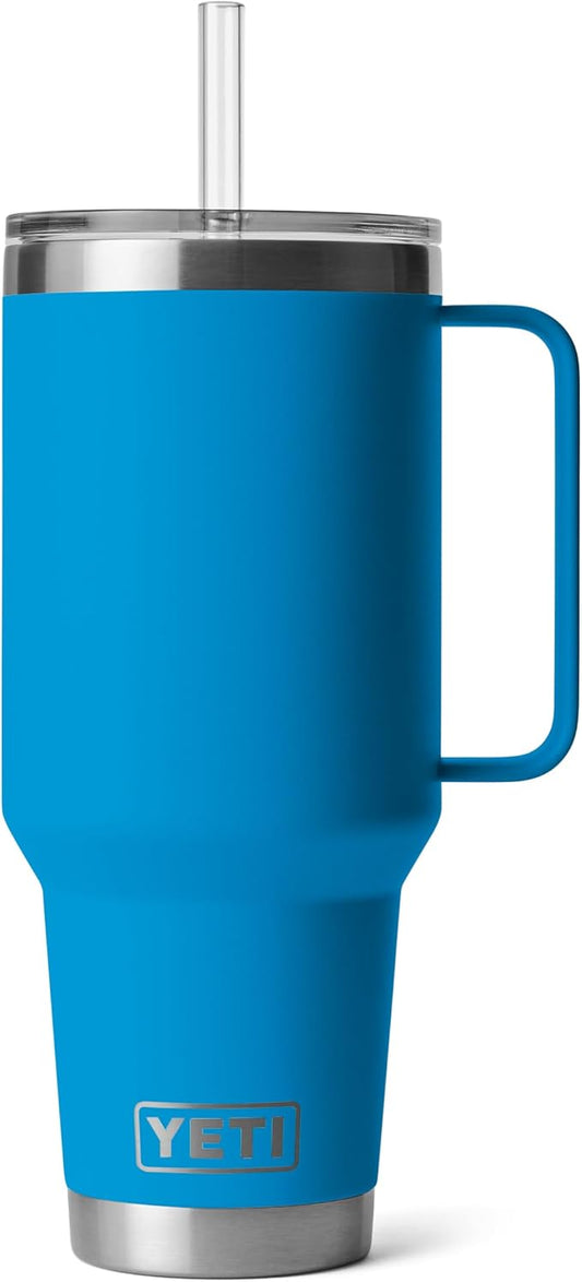 YETI Rambler 42 oz Tumbler with Handle and Straw Lid, Travel Mug Water Tumbler, Vacuum Insulated Cup with Handle, Stainless Steel, Big Wave Blue