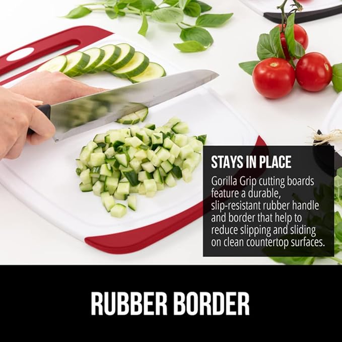 GORILLA GRIP BPA-Free Reversible Kitchen Cutting Board Set of 3, US Designed, Nonporous, Juice Grooves Catch Liquid, Slip Resistant Border, Durable Food Chopping Boards, Christmas Kitchen Decor, Red
