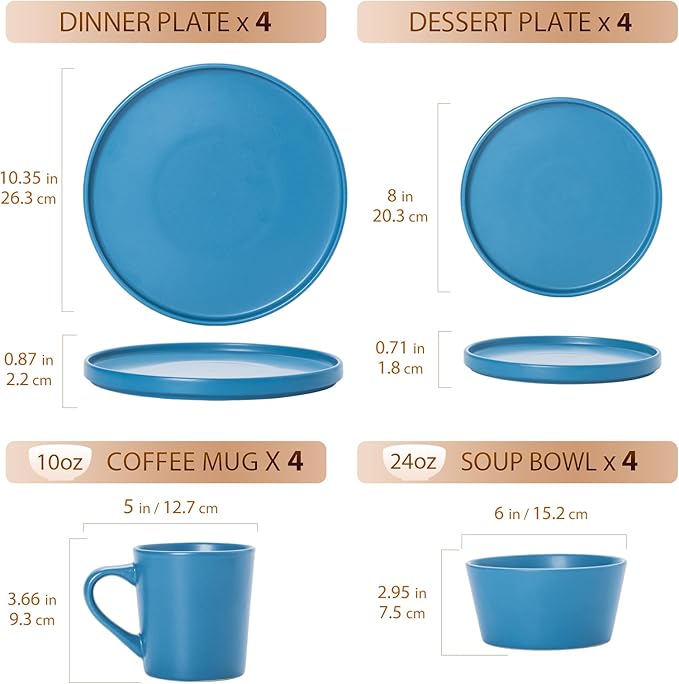 Plates and Bowls Sets for 4 - CJDC-QUELO 16 Piece Stoneware Dinnerware Sets with Mugs, Ceramic Dishware Sets for Kitchen Dining Use, Chip and Scratch Resistant Microwave Dishwasher Safe, Blue
