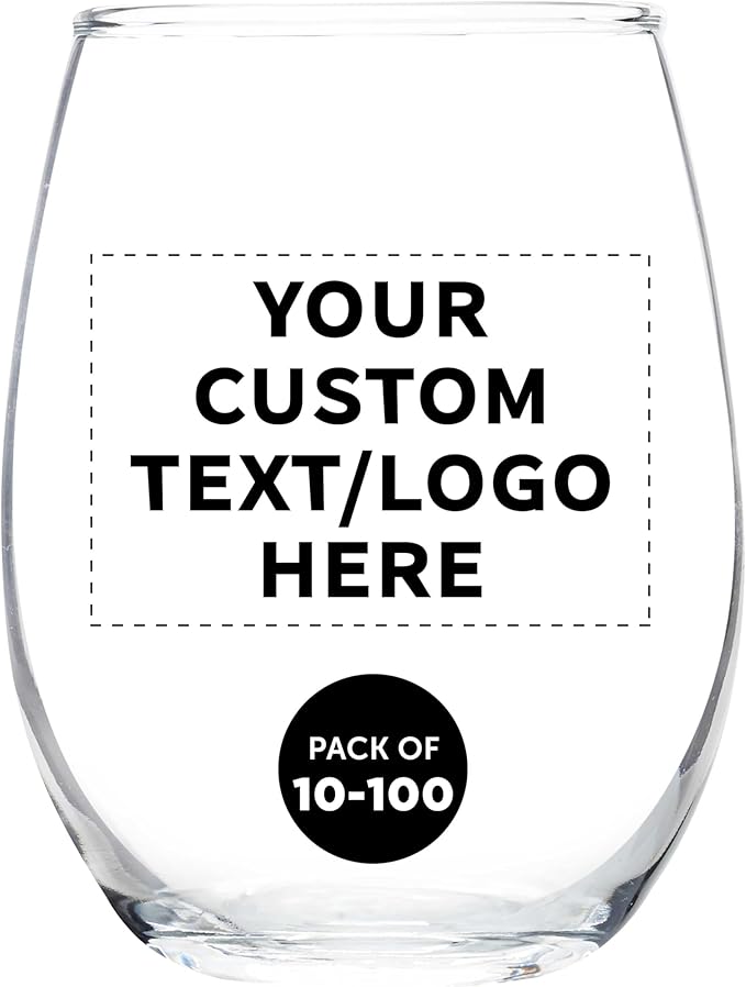 DISCOUNT PROMOS Custom Stemless Wine Glass 9 oz. Set of 10/50/100, Personalized Bulk Pack - Great for Wedding Favors, Bachelorette Party Decorations, Party Favors - Clear