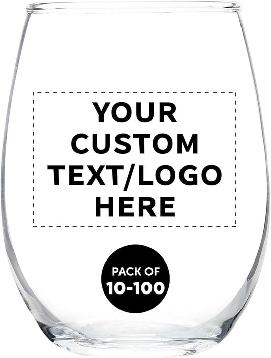 DISCOUNT PROMOS Custom Stemless Wine Glass 9 oz. Set of 10/50/100, Personalized Bulk Pack - Great for Wedding Favors, Bachelorette Party Decorations, Party Favors - Clear