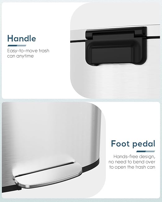 Arlopu 13.2+1.3 Gallon Step Trash Can, Stainless Steel Garbage Bin, Soft-Close Rubbish Bin with Removable Plastic Inner Bucket, Fingerprint-Proof, Lid Dustbin, for Kitchen Home (Silver)
