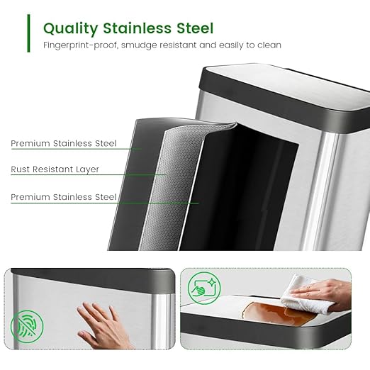 13 Gallon Step Trash Can, Large Capacity Kitchen Garbage Can, Tall Stainless Steel Liner Free Garbage Bin, Rectangular Metal Trash Can with Soft Closed&Stay Open Lid, 50 Liter