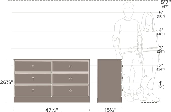 Prepac Astrid 6 Drawer Double Dresser for Bedroom with Crystal Knobs, Wide Chest of Drawers, Bedroom Furniture, Clothes Storage and Organizer, 15.5" D x 47.5" W x 26.85" H, White