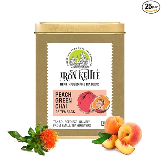 Iron Kettle Peach Green Tea | High Grown Green Tea bag blended with Safflower & Natural Peach extract | Sourced exclusively from small tea growers with higher fine leaf count | 25 Tea Bags