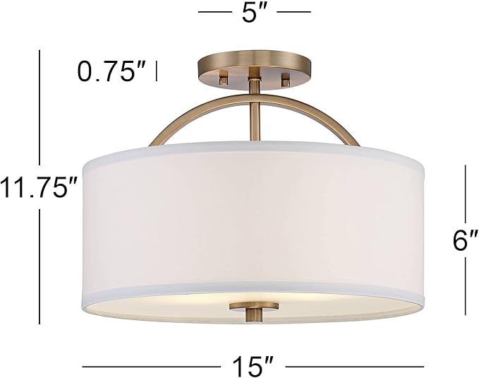 Possini Euro Design Halsted Modern Industrial Close to Ceiling Light Semi Flush Mount Fixture 15" Wide Warm Brass Gold White Linen Drum Shade for Bedroom Kitchen Living Room Hallway Bathroom