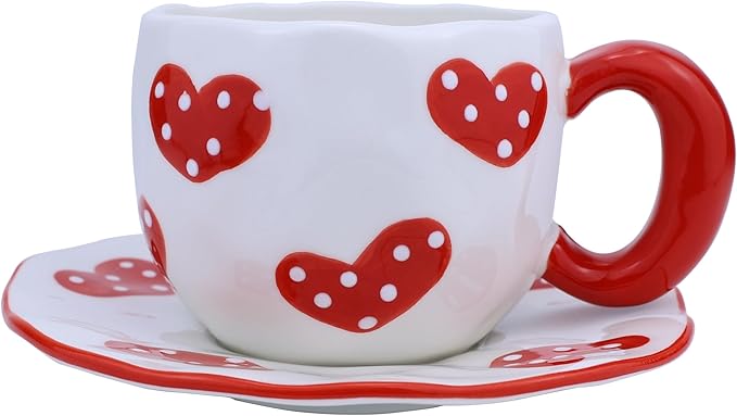 Coffee Mug Set with Saucer Cute Red Hearts Cup Gifts for Women for Birthday Tea Coffee Mug Saucer 250 ML Ceramic Cup Birthday Gift for Women Girls Mom Friend Coffee Mug aucer Set