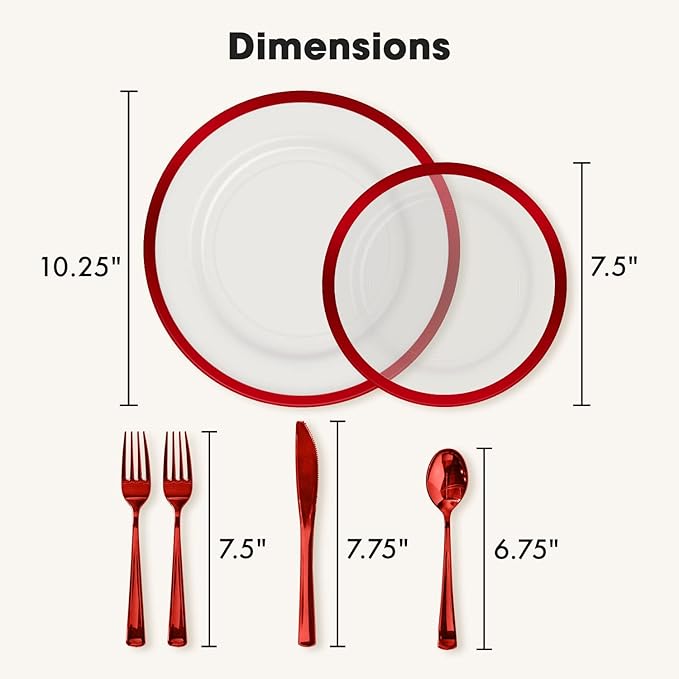By Madee HEAVYWEIGHT 150 PC Christmas Plastic Plates and Cutlery | Clear and Red Christmas Dinnerware Set | Fancy Disposable Plates for Weddings, Birthdays & Holiday (25 Guests)