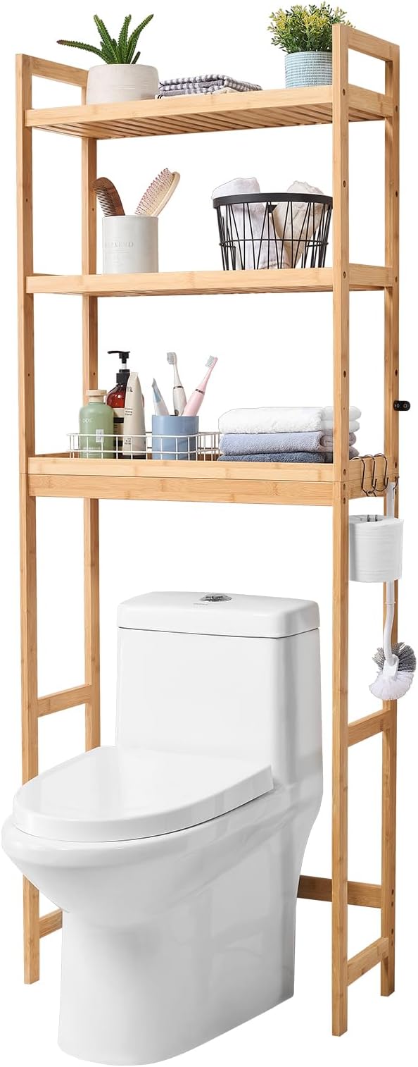 VEVOR Over The Toilet Storage, 3-Tier Adjustable Over Toilet Bathroom Organizer, Bamboo Storage Shelf Rack with 3 Hooks, Freestanding Easy Assembly Laundry Space Saver, Fit Most Toilets