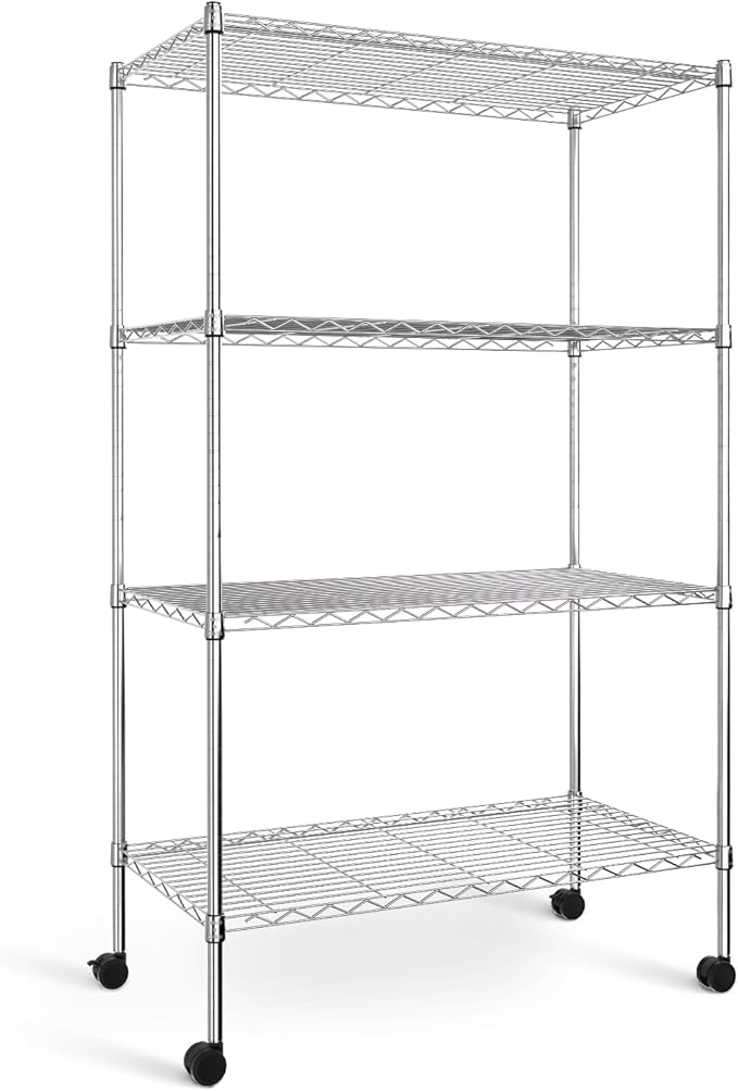 Simple Deluxe Heavy Duty 4-Shelf Shelving with Wheels, 35.43" D x 17.72" W x 61.02" H Adjustable Steel Organizer Wire Rack 1000 Lb Capacity, Chrome