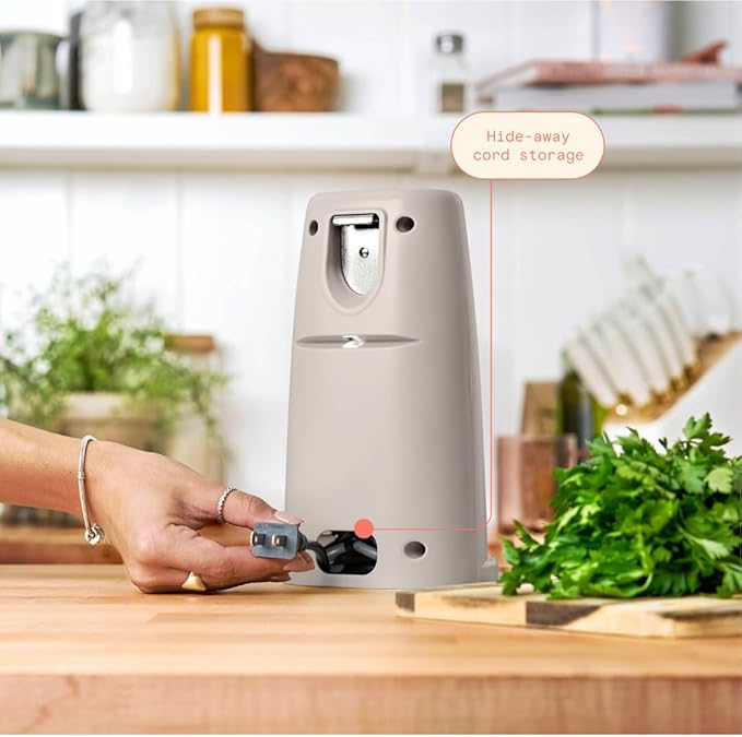 Beautiful Electric Can Opener with Auto-Turn, Magnetic Lid Holder, Knife Sharpener, Bottle Opener, Removable Lever, Cord Storage, No-Tilt Base, Stainless Steel Blade, 70W (Porcini Taupe)