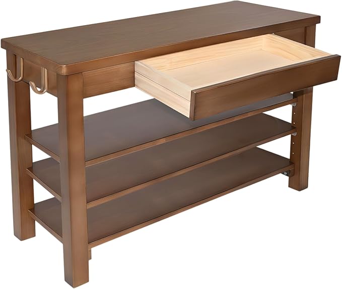 Shoe Storage Bench Wood Entryway: Shoe Rack Bench with Drawer 3-Tiers Height Adjustable,Rustic Wooden Organizer for Front Door Entrance Hallway Living Room,Mudrooms (Walnut 3-Tiers, 31.5")