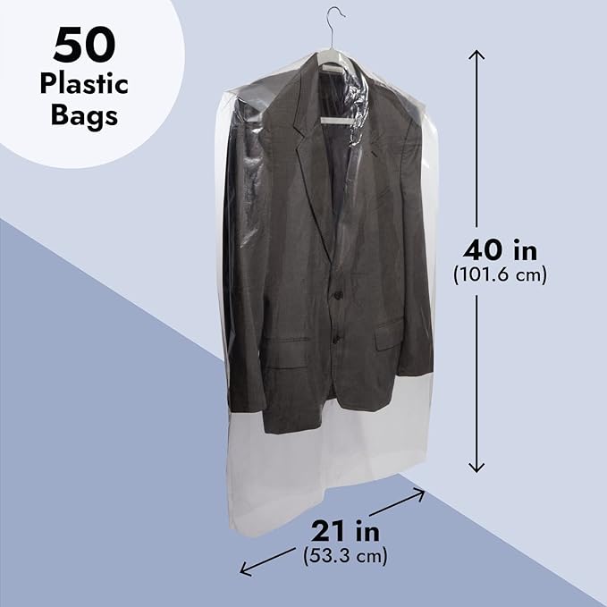 50 Pack Clear Plastic Garment Bags for Hanging Clothes, Dry Cleaner Bag Clothing Protector Covers (21 x 40 In), Normal