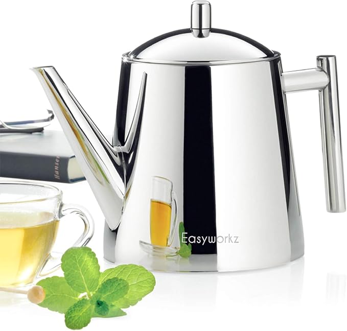 Easyworkz Stainless Steel Double Wall 34 oz Tea Pot with Removable Tea Infuser, Perfect for Brewing Your Favorite Tea, Chrome