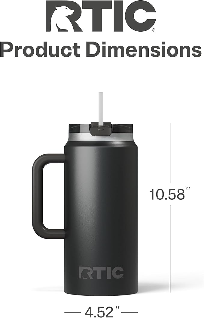 RTIC 64 oz Ceramic Lined Insulated Road Trip Tumbler, Leak-Resistant Lid, Black