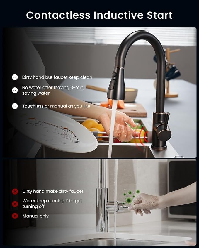 DAYONE Touchless Bronze Kitchen Sink Faucet with Pull Down Sprayer and Soap Dispenser, Oil Rubbed Brown 3 Modes Motion Sensor Hands-Free Single Handle Touch Faucet for Kitchen Sink High Arc