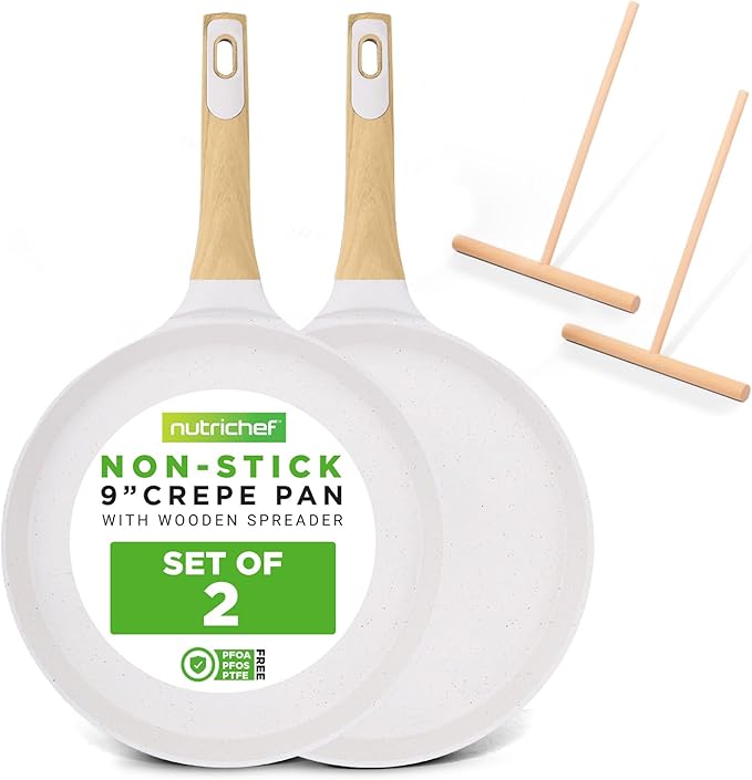 Nutrichef 2-Pack Non-Stick Crepe Pan Set, 9.4" Marble Coated Dosa Pans with Wooden Spreaders, Bakelite and Wood Handles, Induction-Compatible, Dishwasher Safe, Even Heat Distribution, White Cream
