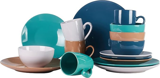 Color Wave Stoneware 16pc Dinnerware Set, Earth Paint Mixed Colors of White, Beige, Turquoise and Dark Blue