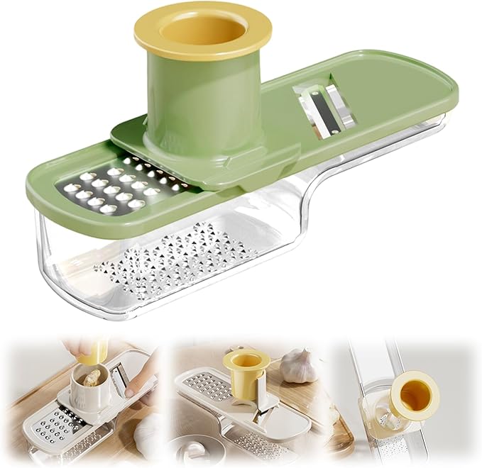 Multifunctional Garlic Grinder & Mandoline Slicer,2025 New Mini Ginger Garlic Grinding Planer Chopper Hand Press Vegetable Mandoline Cutter Tool with Container (Green/1PCS)
