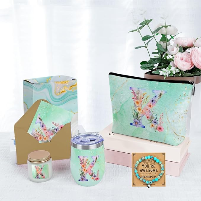 Personalized Gifts Monogrammed Birthday Gifts for Women, Soul Sister Bachelorette Party Wedding Christmas Initial Wine Tumbler Makeup Bag Scented Candle Bracelet Set, (Aesthetic Green Flower K)