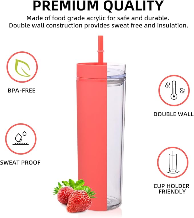 Volhoply 20oz Plastic Skinny Tumblers Bulk 4 Pack,Double Wall Tumbler with Lid and Straw,Reusable Travel Iced Coffee Mug,BPA Free Matte Acrylic Water Cups With Straw for Party,DIY Gifts(Red, 4 Set)