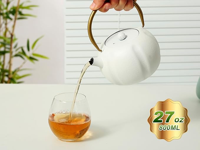 VICSKY Small Pumpkin Cast Iron Teapot (White), Japanese Cast Iron Tea Kettle Stovetop Safe with Stainless Steel Infuser,Small Iron Teapot for Loose Tea, 1-2 People (27oz/800ml)
