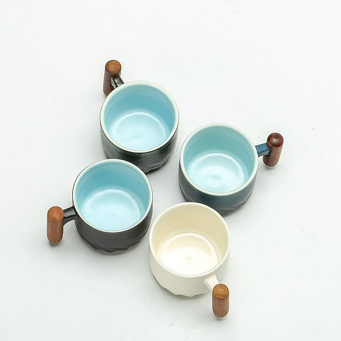 Espresso Cups Set of 2, Small Tea Cups, 2.1oz Ceramic Espresso Cups with Wooden Handle
